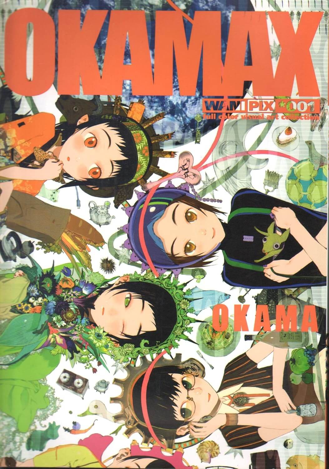 Front cover of the manga book 'OKAMAX' Volume 1 by Wanimax, featuring four anime-style girls with black hair and large eyes amidst a colorful collage of green leaves, flowers, and everyday objects.