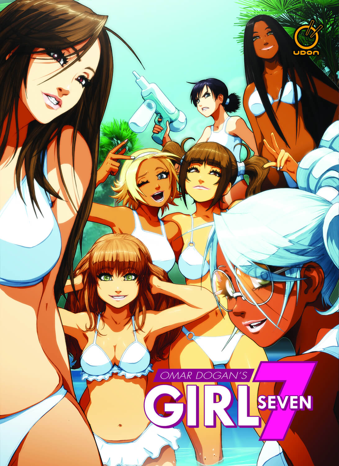 Illustrated cover art for Omar Dogan's 'Girl 7' featuring multiple anime-style women in swimwear on a beach, with the title text 'OMAR DOGAN'S GIRL 7' and a visible 'toon' logo in the top right.