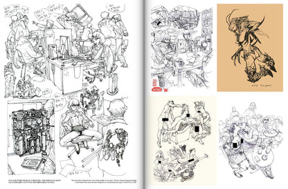 Illustrations of various characters and scenes in black and white with a small colored illustration on a beige background.