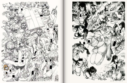 Black and white illustration of various characters in dynamic poses, likely from a manga or comic book.