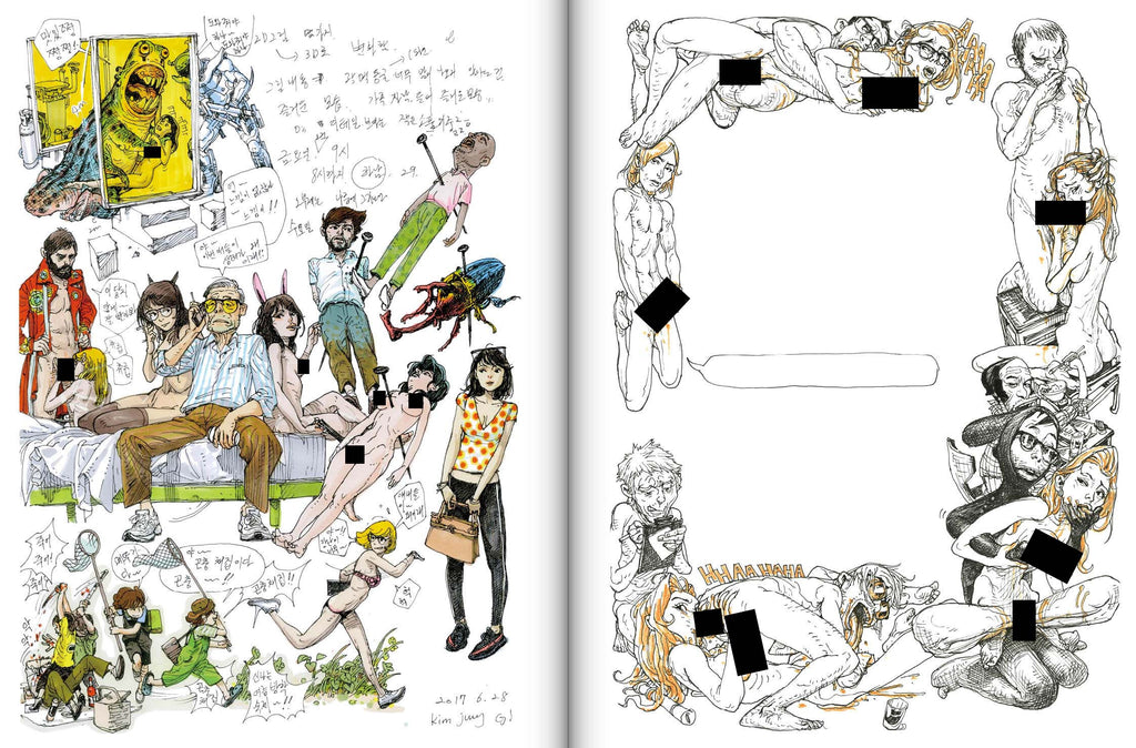 Illustrated pages with various characters and scenes, featuring a mix of colors and black squares.