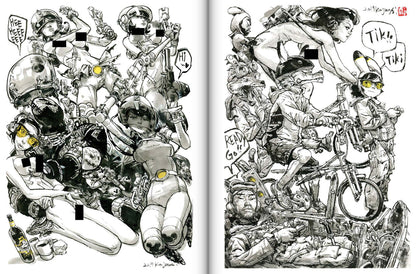 Two pages from a manga or graphic novel with black and white illustrations of people and objects.