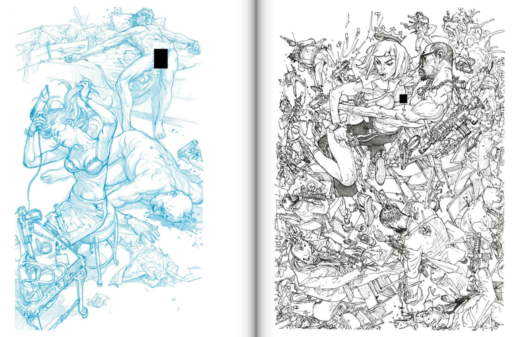 Two illustrations side by side, one in blue and white, the other in black and white, featuring detailed line art.