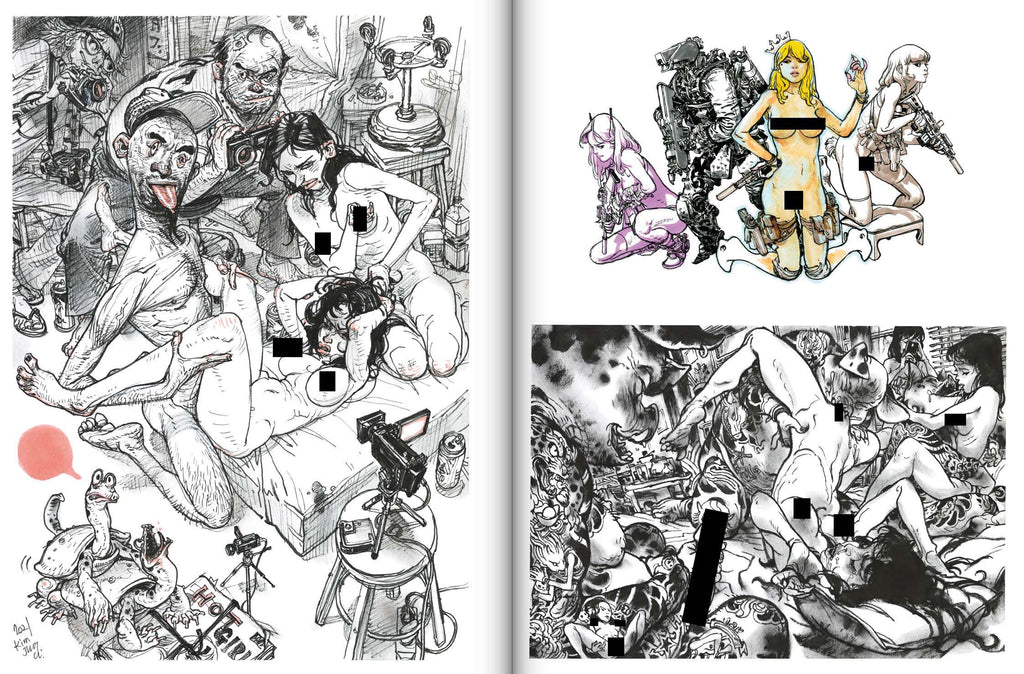 Illustrations of various scenes with people in different poses and settings.