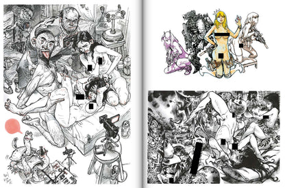 Illustrations of various scenes with people in different poses and settings.
