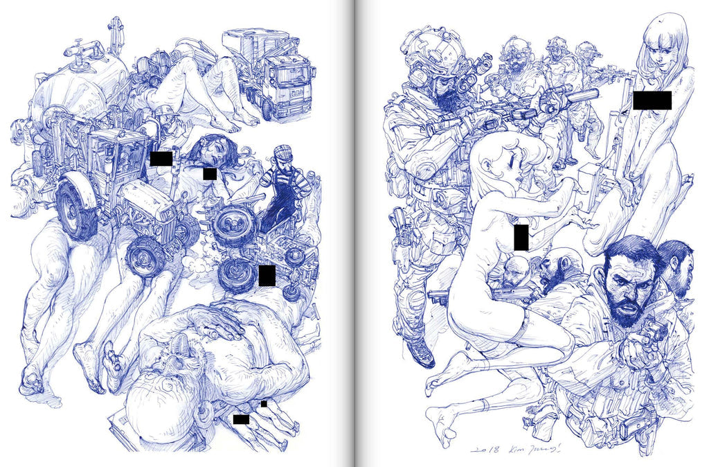 Two illustrations side by side, one with a mechanical vehicle and people, the other with people in a chaotic scene.