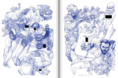 Two illustrations side by side, one with a mechanical vehicle and people, the other with people in a chaotic scene.