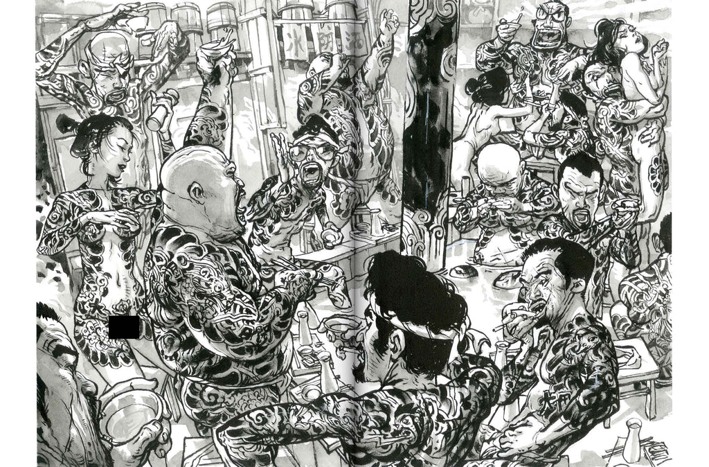 Black and white illustration of a crowded room with people and a large figure in the center.