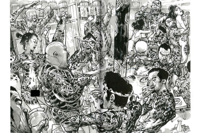 Black and white illustration of a crowded room with people and a large figure in the center.