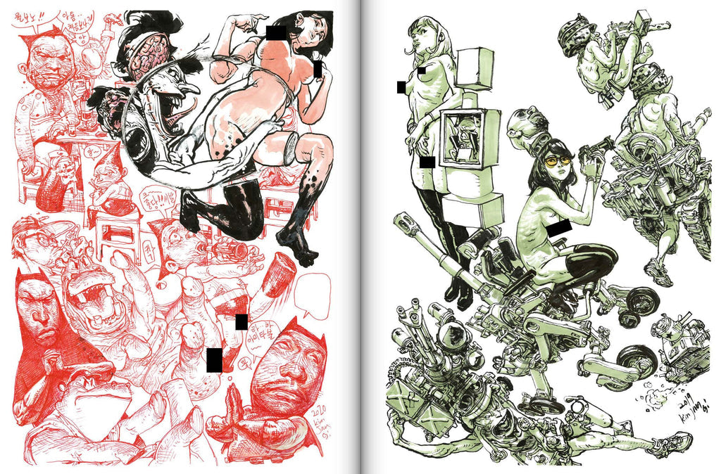 Two illustrations side by side, one in red and black, the other in green and black.
