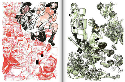 Two illustrations side by side, one in red and black, the other in green and black.