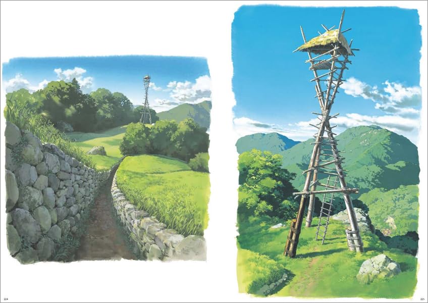 Two scenic views of a stone wall and a wooden tower in a lush green landscape with mountains and blue sky.