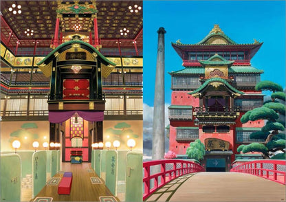 Collage of two images: one interior view of a traditional Japanese building and one exterior view with a bridge.