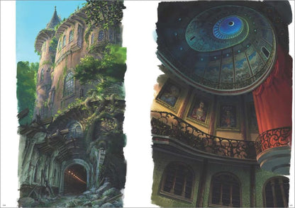 Left: Fantasy castle with greenery, Right: Ornate interior with dome and paintings