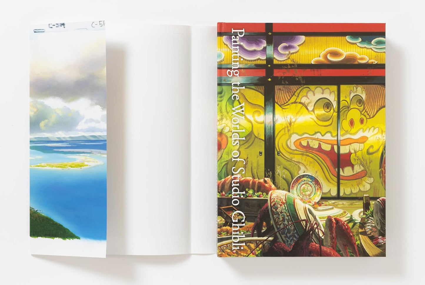 Open book with colorful illustrations on a white background