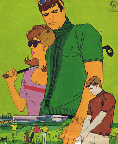 Vintage-style illustrated golf poster or print showing two large male golfers, one in green and one in red, with smaller figures and a golf course scene below on a bright green background.