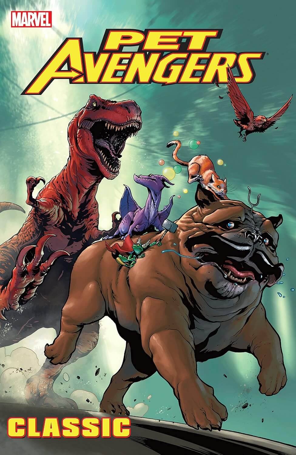 Marvel's Pet Avengers Classic graphic novel book cover featuring illustrated animal superheroes including a red T-rex, a bulldog, a purple lizard, and a bird against a teal background with the title 'Pet Avengers' and 'Classic' text.