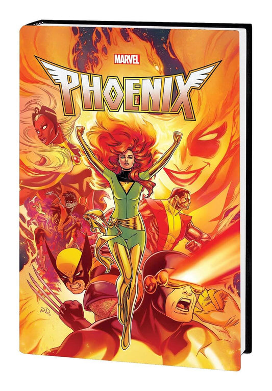 Comic book cover featuring a superhero character phoenix with fiery background