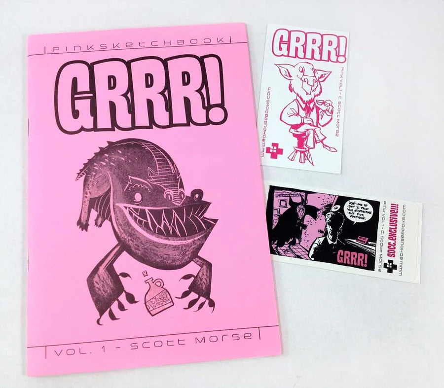Pink sketchbook titled 'GRRR!' with a monster illustration, shown with two printed comic-style inserts on a white background.