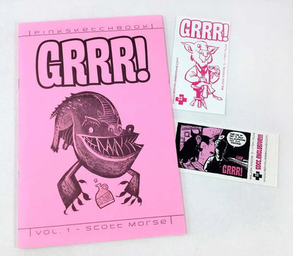 Pink sketchbook titled 'GRRR!' with a monster illustration, shown with two printed comic-style inserts on a white background.
