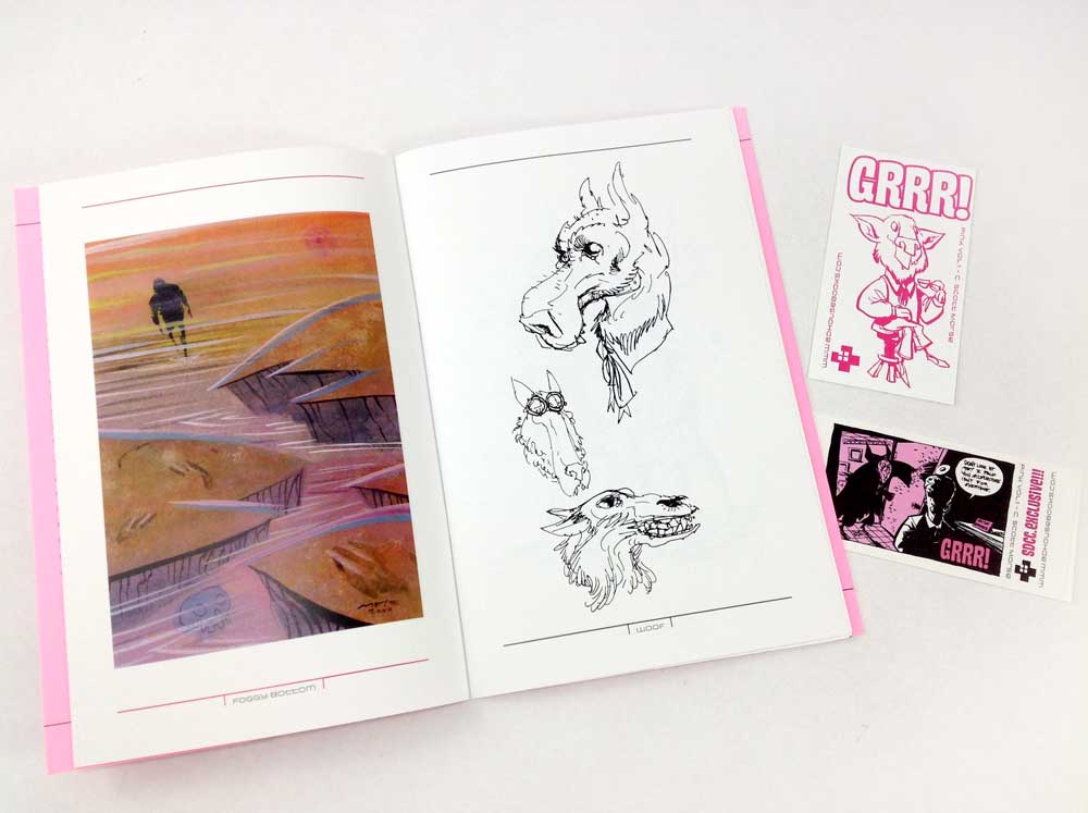 An open art book or sketchbook on a white background, showing a colorful landscape painting on the left page and black line drawings of a dog on the right page. Two small printed stickers or cards with pink and black comic-style artwork are placed to the right.