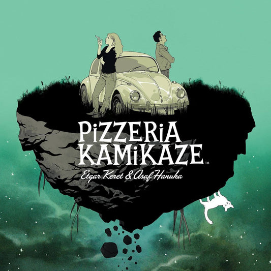 Cover of the graphic novel 'Pizzeria Kamikaze' featuring two characters sitting in a car at night with a smoky atmosphere, indicative of the fantastical and absurdist themes of the story.