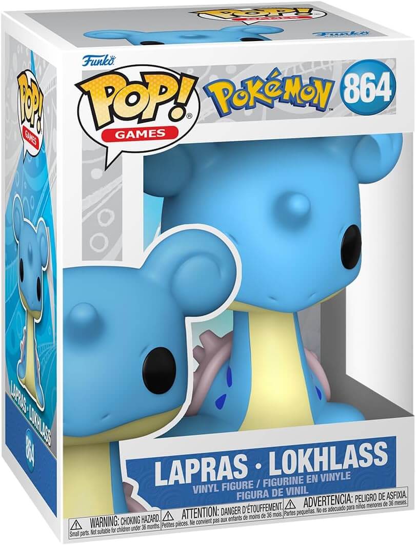 Funko Pop! Games vinyl figure of Lapras #864, shown inside its original retail packaging. The figure is blue with a cream-colored underbelly and pink inner ears.