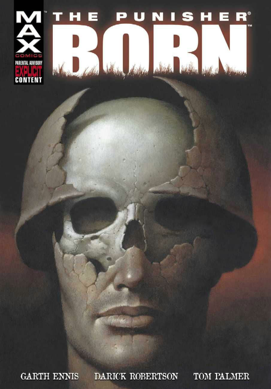 Comic book cover of 'The Punisher MAX Born' with a helmeted skull design.