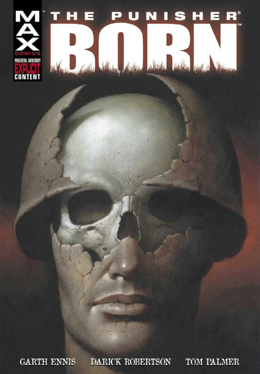 Comic book cover of 'The Punisher MAX Born' with a helmeted skull design.