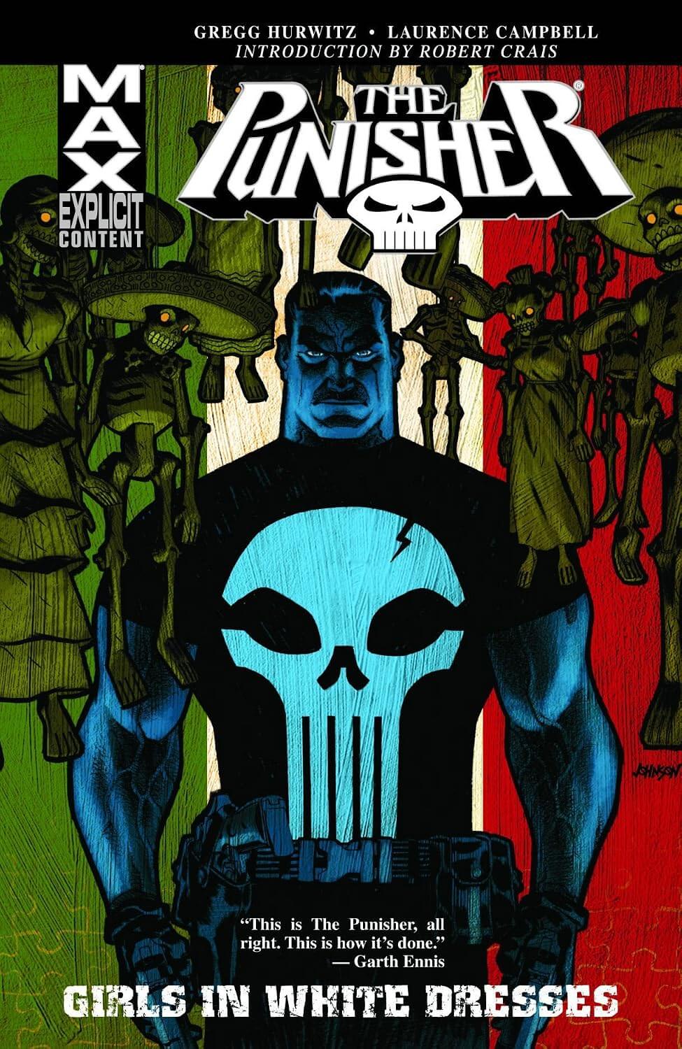 Front cover of the comic book 'The Punisher: Girls in White Dresses' featuring a central blue-toned Punisher figure with a large skull emblem, surrounded by skeletal figures against a green, white, and red striped background. Visible text includes 'The Punisher' and 'MAX Explicit Content'.