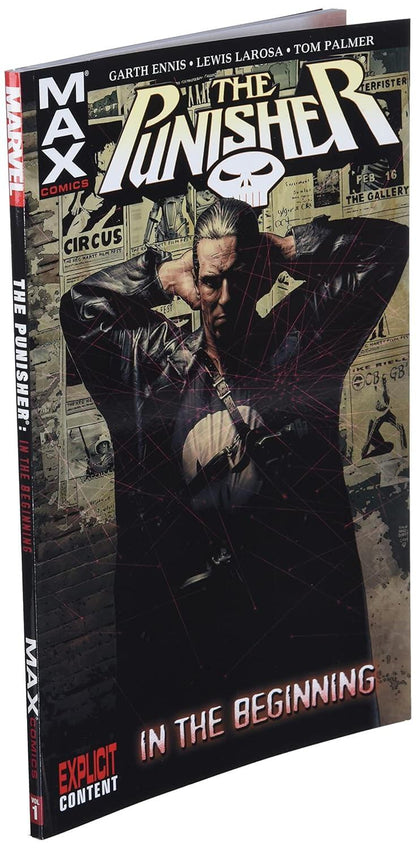 Comic book titled 'The Punisher' with a character in a leather jacket on the cover.