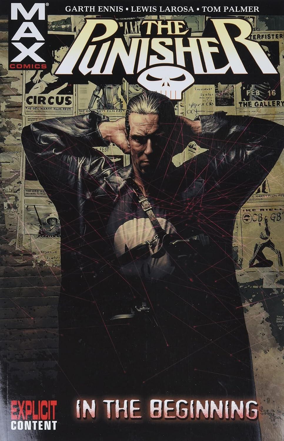 Comic book cover of 'The Punisher' with a character in a leather outfit and skull emblem.