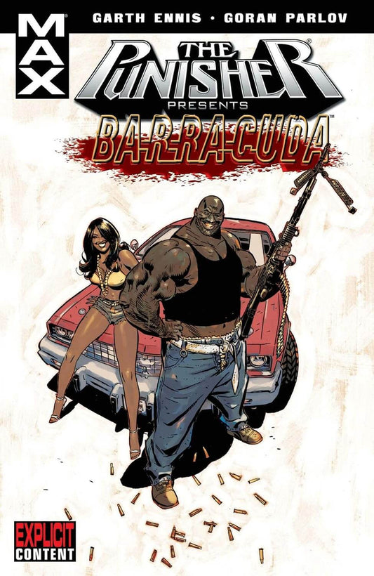 Graphic novel punisher cover featuring a man and woman in front of a car with 'The Punisher' branding.