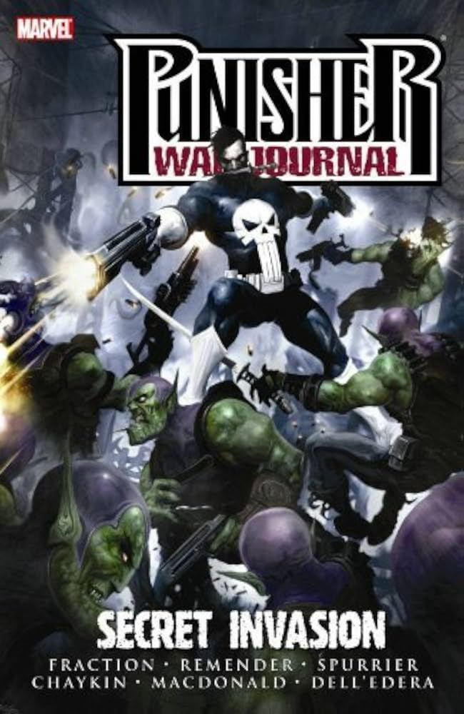 Marvel's Punisher War Journal: Secret Invasion comic book cover featuring the Punisher in the center with green-skinned invaders and the title text 'PUNISHER WAR JOURNAL' and 'SECRET INVASION'.
