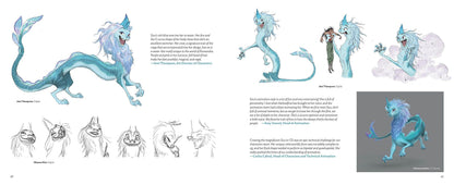 A printed character concept sheet featuring a blue feline fantasy creature, shown with multiple painted and sketch versions, handwritten notes, and a gray reference-style panel on a white page.