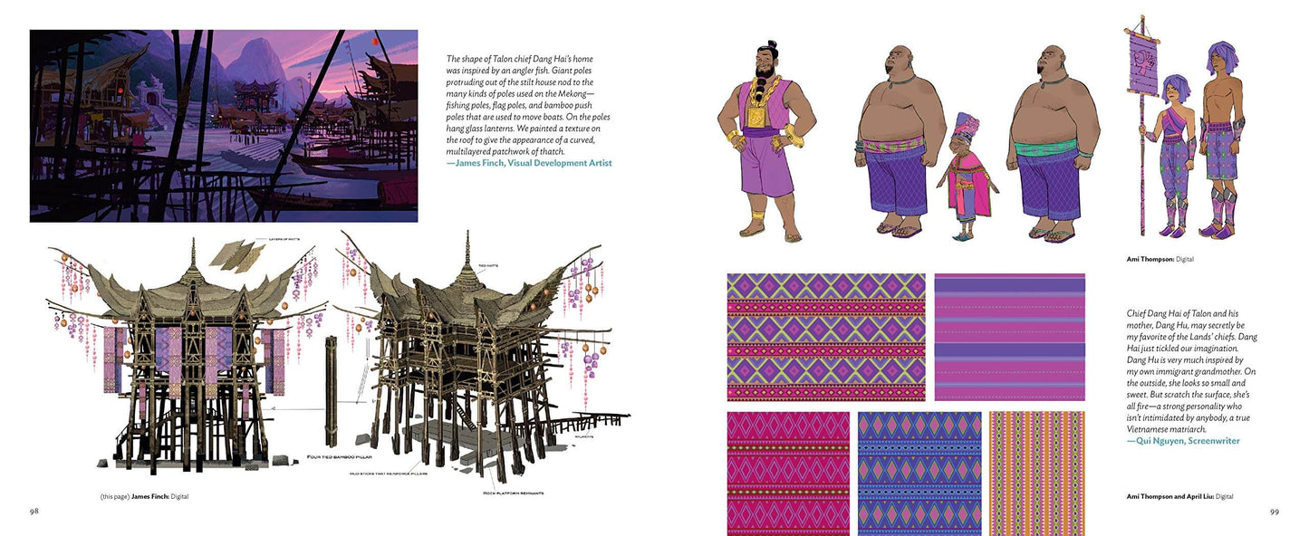 A printed page or booklet spread showing concept art and design notes for a fantasy or cultural-themed project. The left side includes a landscape scene with boats on water at sunset, two architectural pagoda-like structures, and descriptive text.