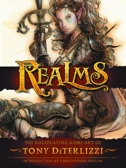 Cover art for 'REALMS HC RPG ART OF TONY DITERLIZZI' featuring an illustrated character in a fantasy setting.
