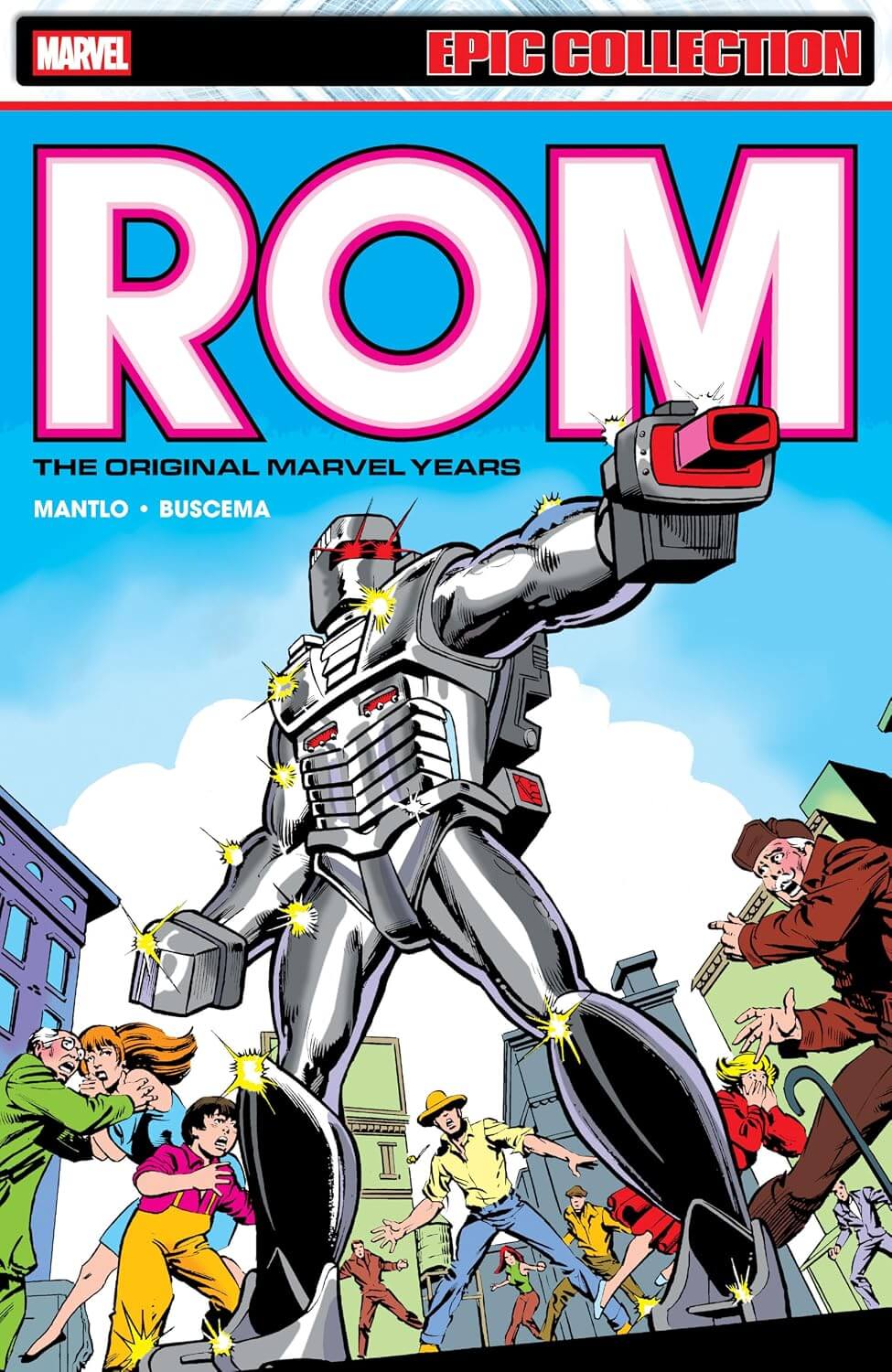 Marvel Comics 'ROM: The Original Marvel Years' comic book cover, featuring a large silver robot firing a gun in a city scene with various characters and bold pink title lettering.