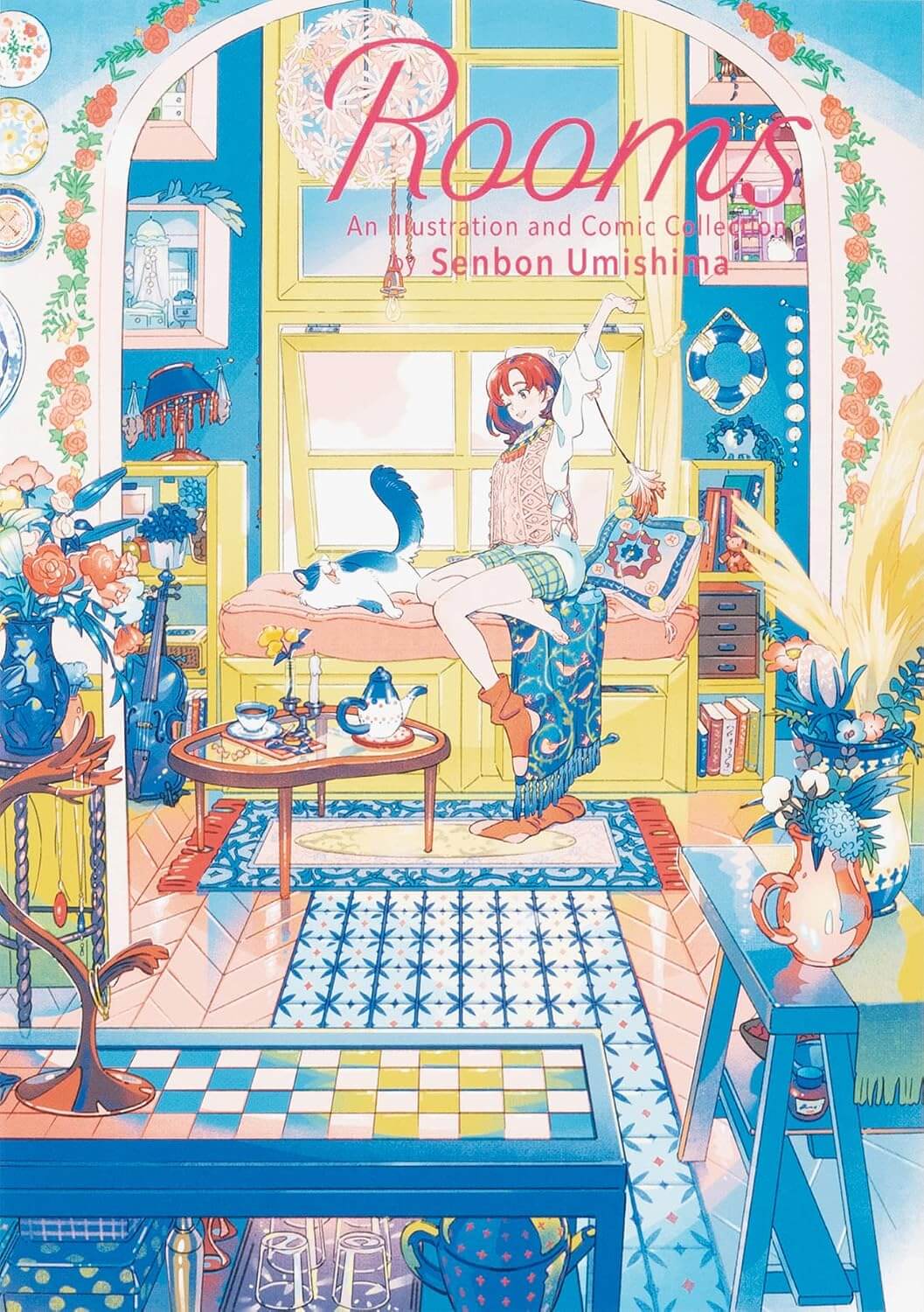 Illustrated book cover of 'Rooms' with a colorful interior scene and character.