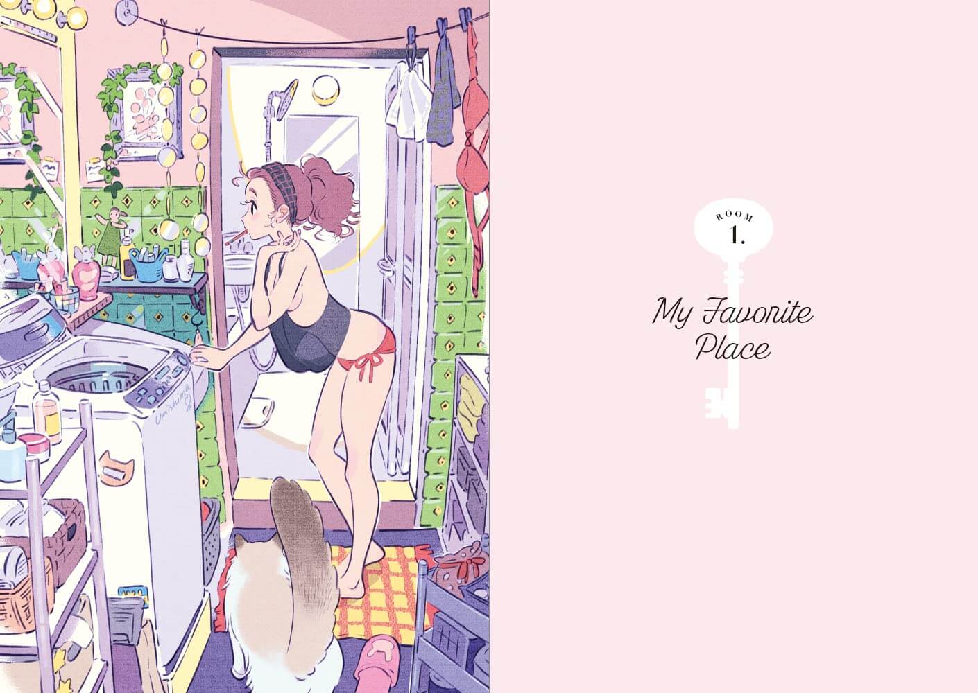 A pastel illustrated book or notebook cover featuring a pin-up style woman in a cluttered bathroom/kitchen scene on the left, with the title 'My Favorite Place' and page number '1' on a pale pink background on the right.