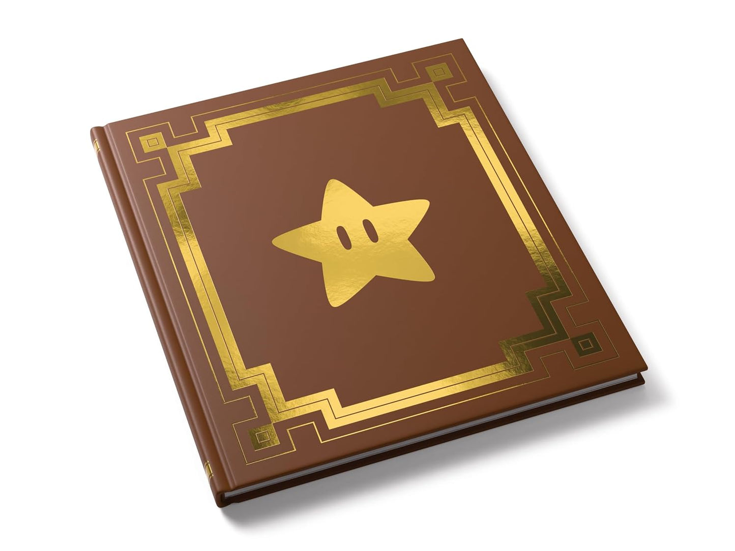 Brown book with gold star and decorative border on a white background