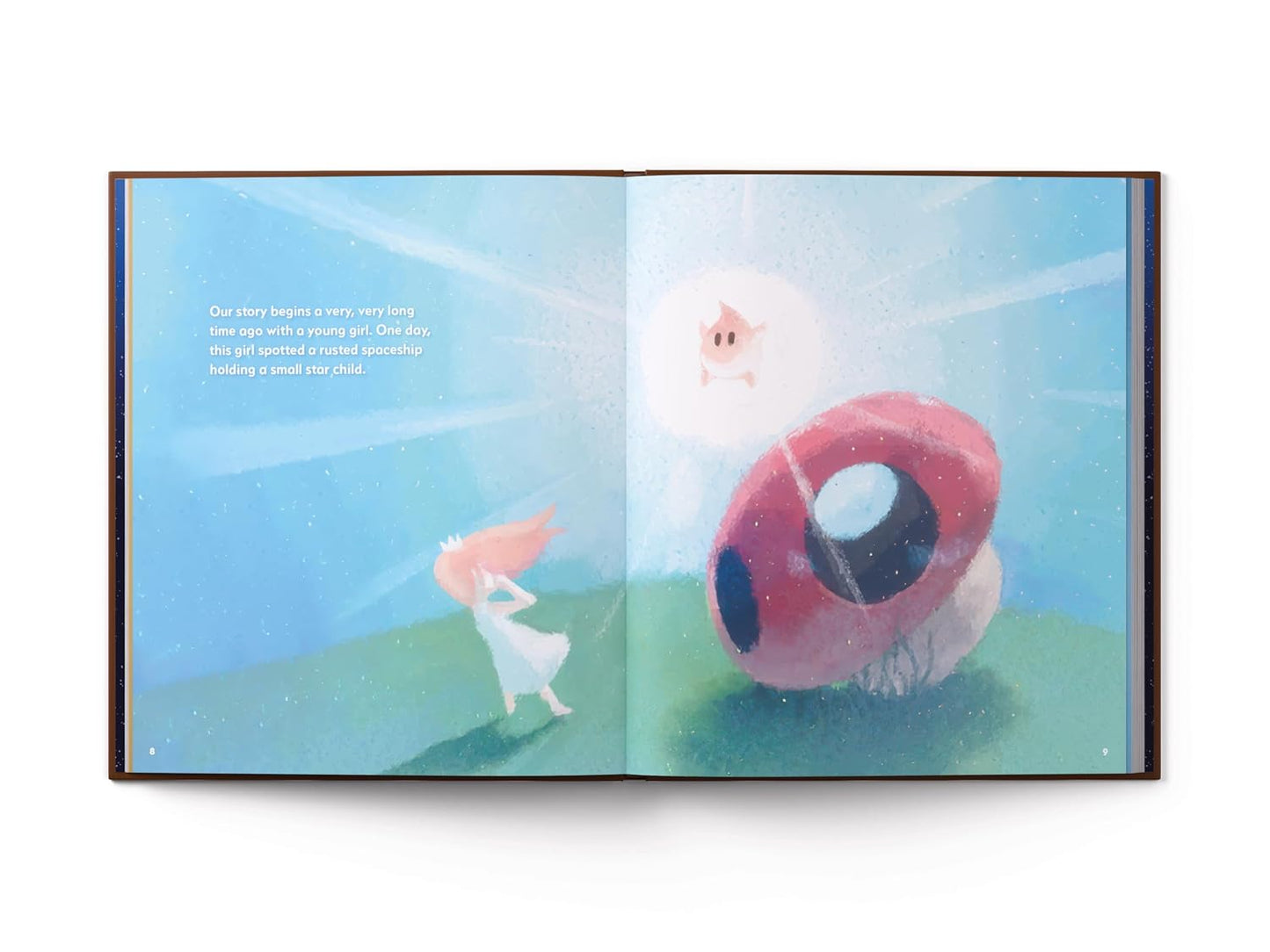 Illustrated book open to a page with a character and a large red and black object in a fantasy setting.