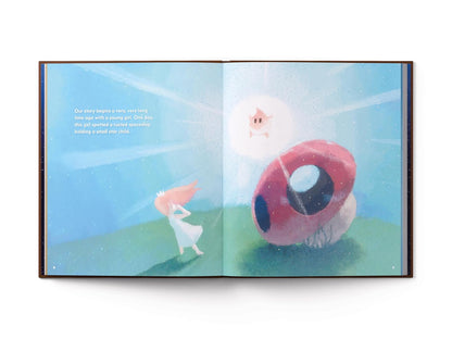 Illustrated book open to a page with a character and a large red and black object in a fantasy setting.