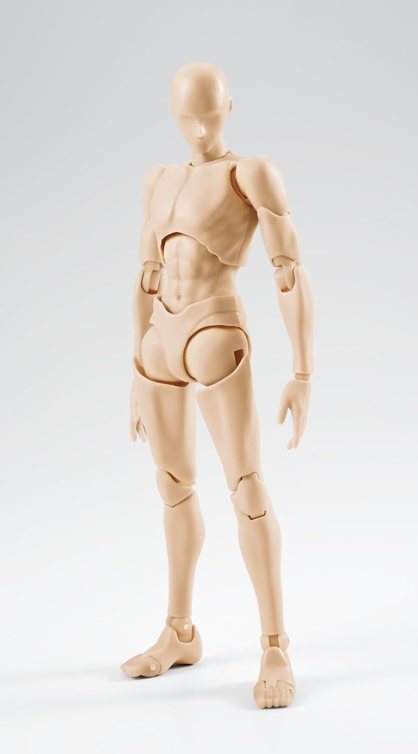 A beige articulated plastic mannequin figure of a male model, shown from the back against a light gray studio background.