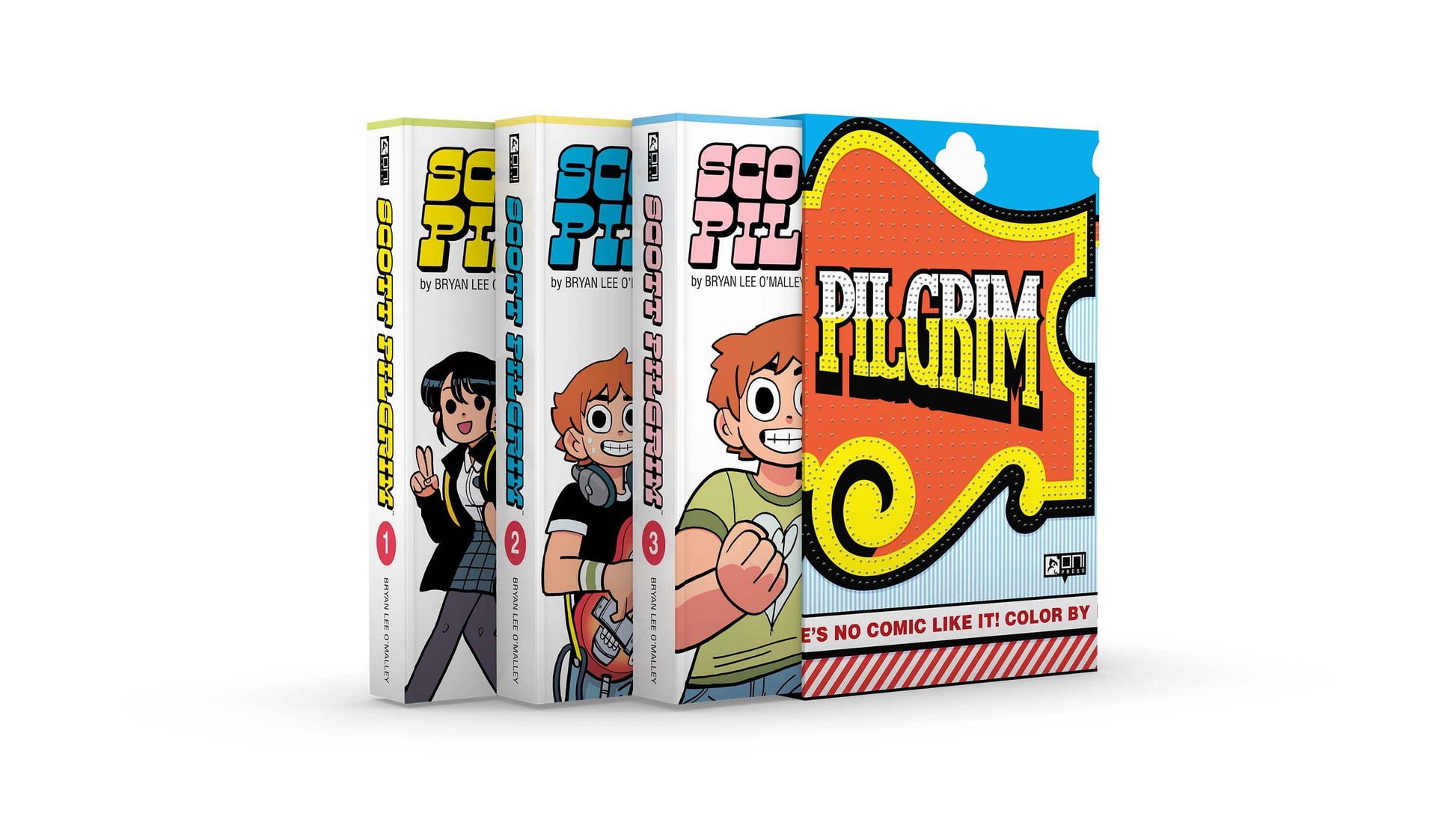 A box set of 'Scott Pilgrim' graphic novels in color, featuring three books with colorful covers.