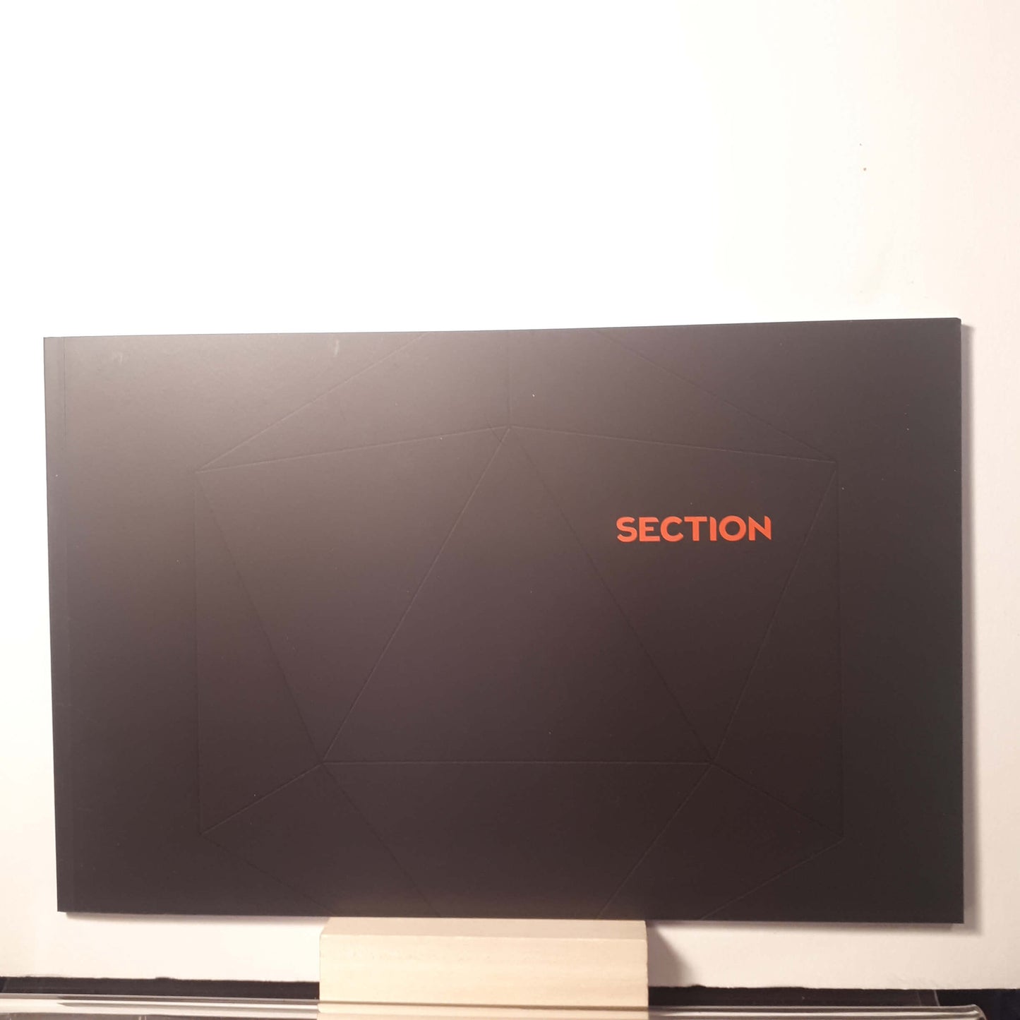 A black rectangular wall art panel or monitor-like display with the word SECTION in orange near the upper right, shown against a white wall.