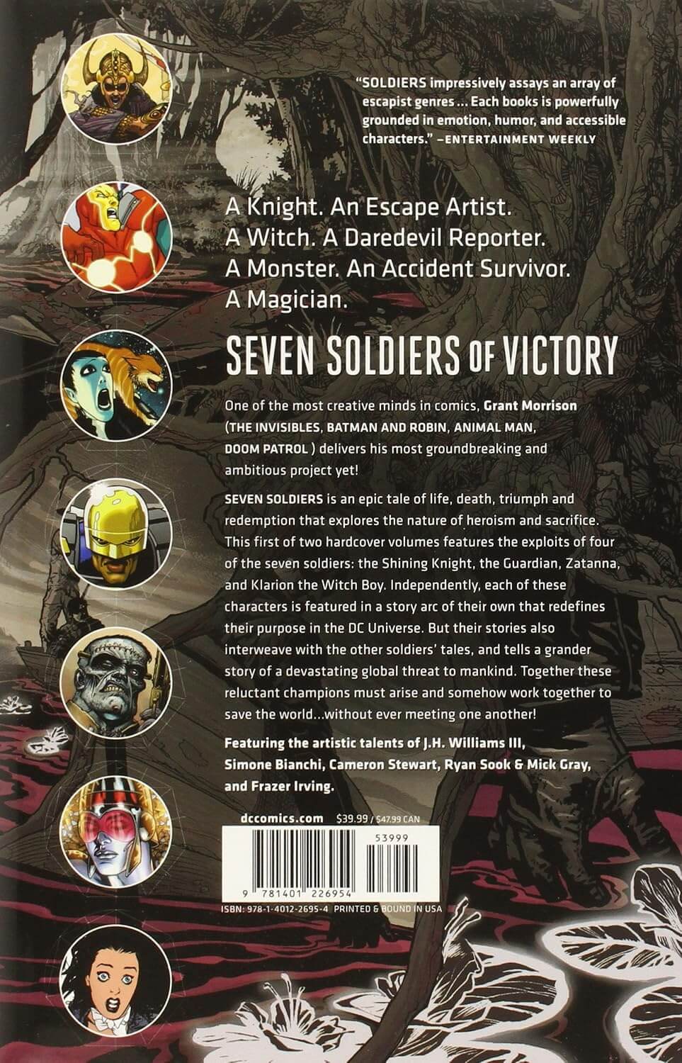 The back cover of the book 'Seven Soldiers of Victory' showing the title, author Grant Morrison's bio, a barcode, and several circular character illustrations on a dark illustrated background.