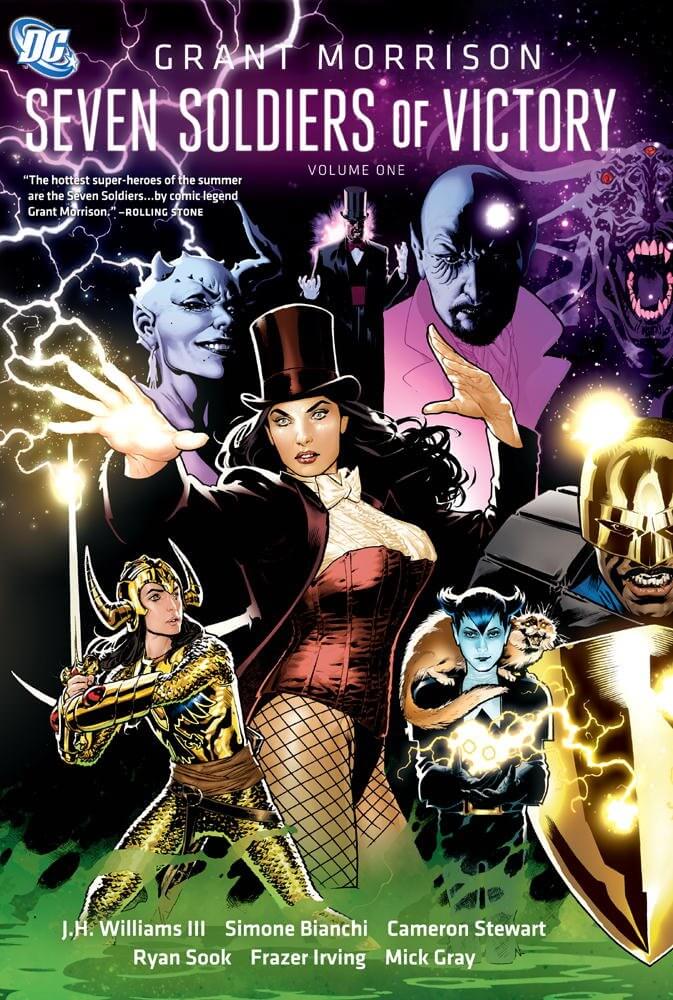 Front cover of the graphic novel/comic book 'Seven Soldiers of Victory Volume One' by Grant Morrison, featuring multiple illustrated superhero characters against a dark purple and black background with bright green at the bottom.