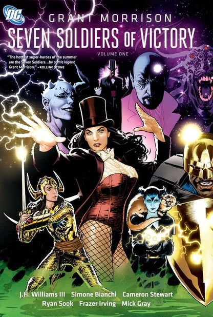 Front cover of the graphic novel/comic book 'Seven Soldiers of Victory Volume One' by Grant Morrison, featuring multiple illustrated superhero characters against a dark purple and black background with bright green at the bottom.