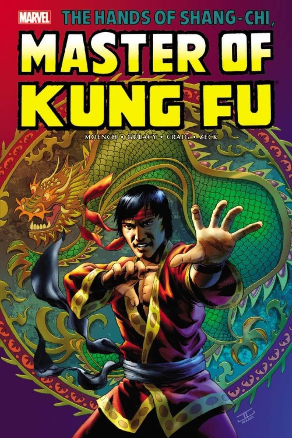 Marvel's The Hands of Shang-Chi, Master of Kung Fu volume 2 omnibus book cover featuring a dynamic illustration of Shang-Chi in a martial arts pose with a dragon in the background.